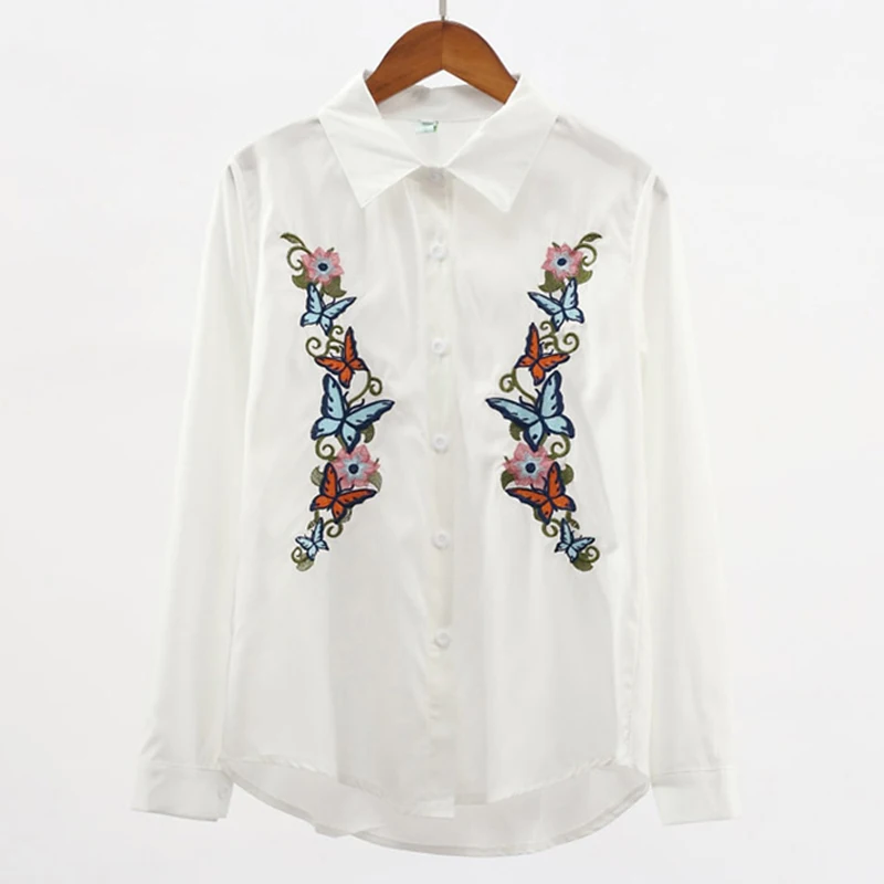 2017 Europe Top Blouse shirt Women Cotton Floral Embroidery Long Sleeve Casual Loose White tops Female |