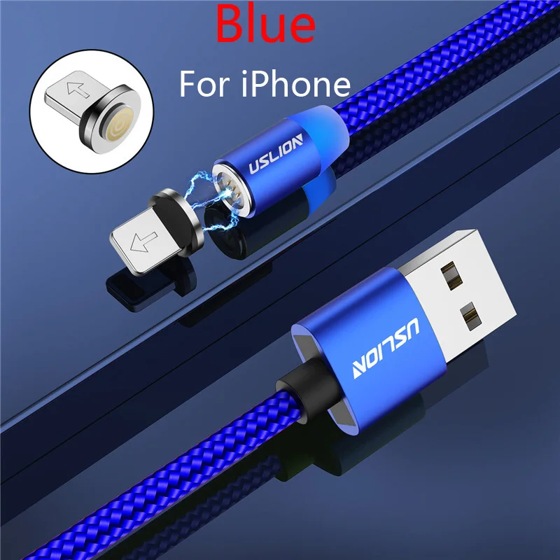 For iPhone Blue USLION 2M 3A Магнитный кабель Micro usb type C Быстрая зарядка для iPhone X XR XS 8 7 samsung S10 Xiaomi Магнитный кабель для зарядки телефона - Цвет: For iPhone Blue