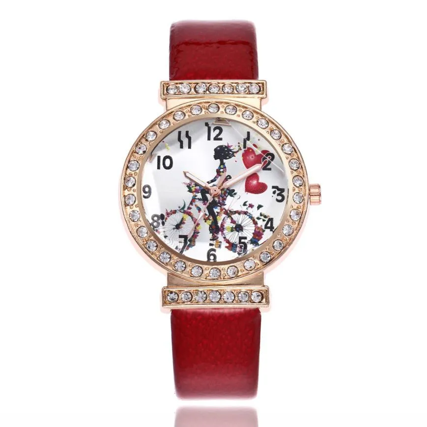 

TZ#502 Women Fashion Cartoon Love bicycle Leather Band Analog Quartz Round Wrist Watch Watches