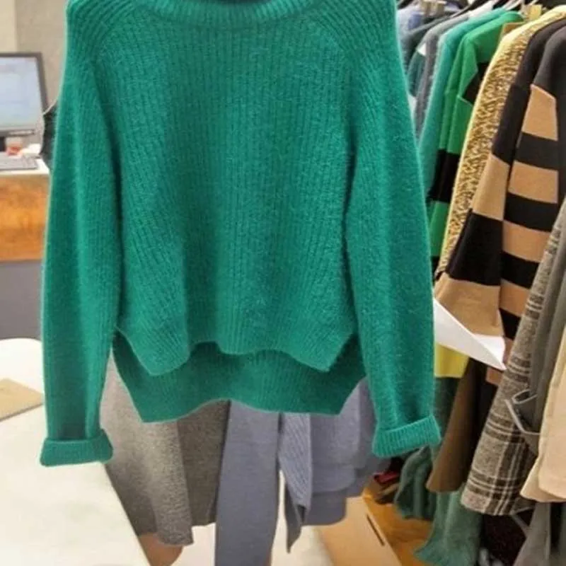 Женский свитер с длинным ворсом Мягкий трикотажный разрезом зеленый норковый