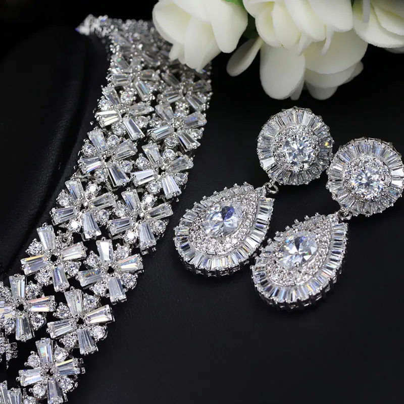 Комплект из колье и серёг с синим белым кристаллом|necklace and earrings|jewelry setsdrop jewelry sets |