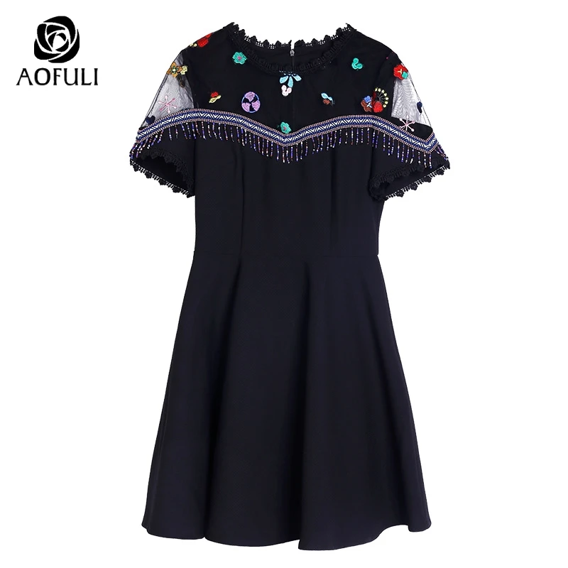 Size-S Ethnic Style Tassel Embroidery Black Dress Brand Sexy Summer See-Through Shoulder Short Sleeve Party Dresses B3879 | Женская
