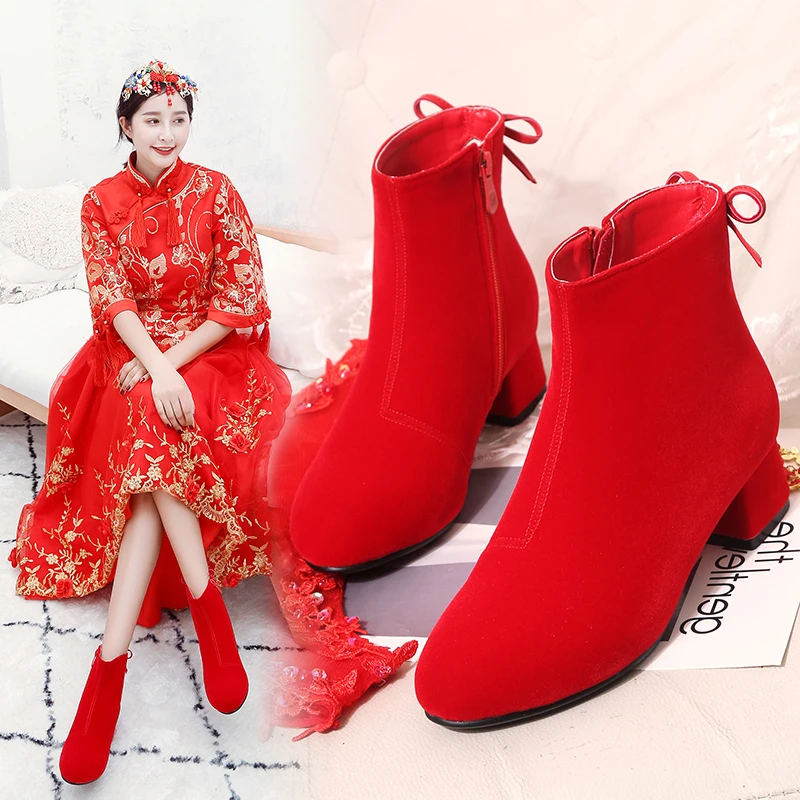 

2018 New Winter Women's Wedding Shoes Short Boots Fashion Beautiful Warm Big Red Zipper Short Boots With Wedding Dress