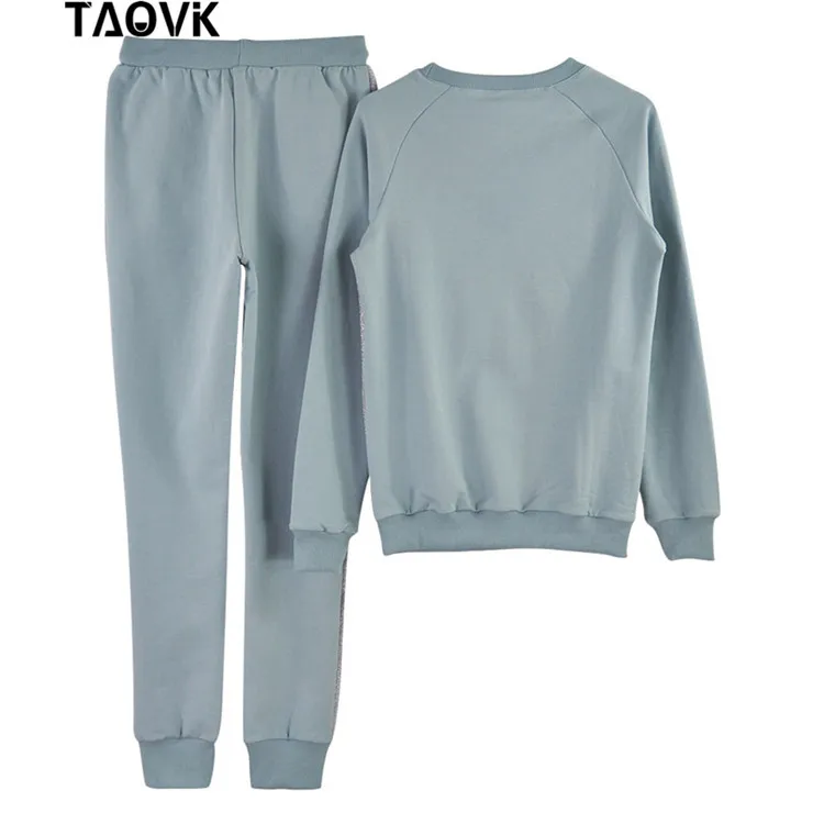 Блестящие лоскутные хлопковые костюмы TAOVK, спортивные костюмы светло-голубого цвета, комплекты из пуловера и брюк, одежда для весны и осени