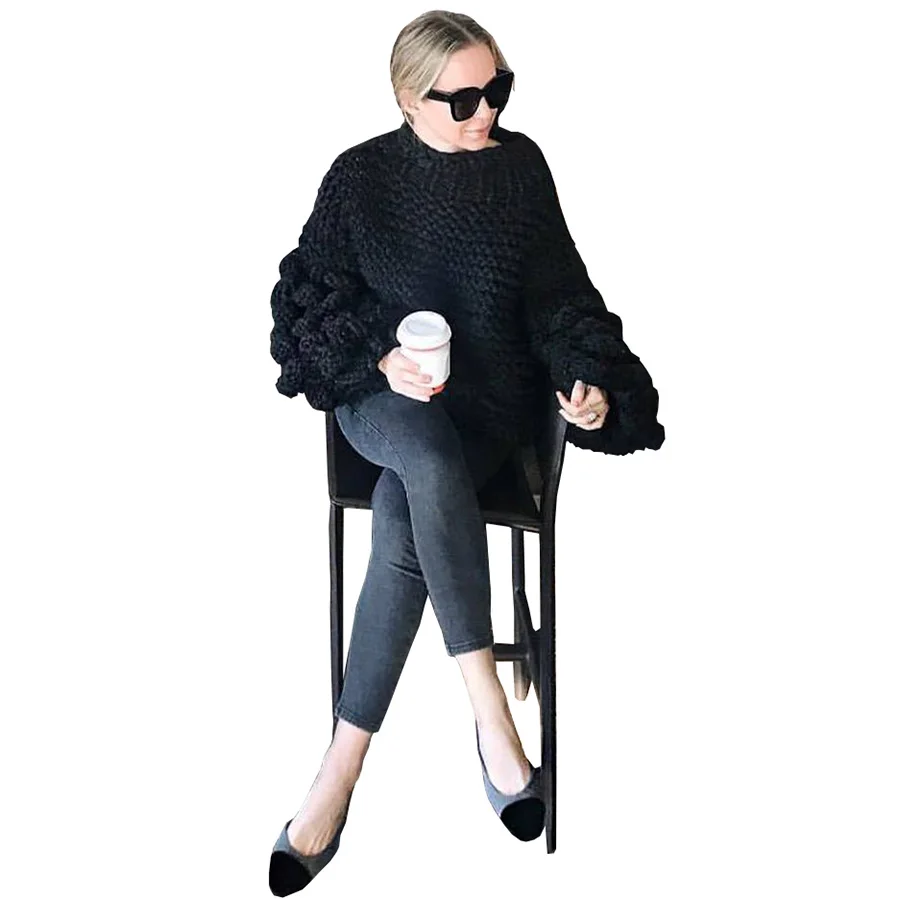 Spring High Street women White sweater coat Pure hand Thickened Turtleneck Coarse lines ultra-thick Black | Женская одежда