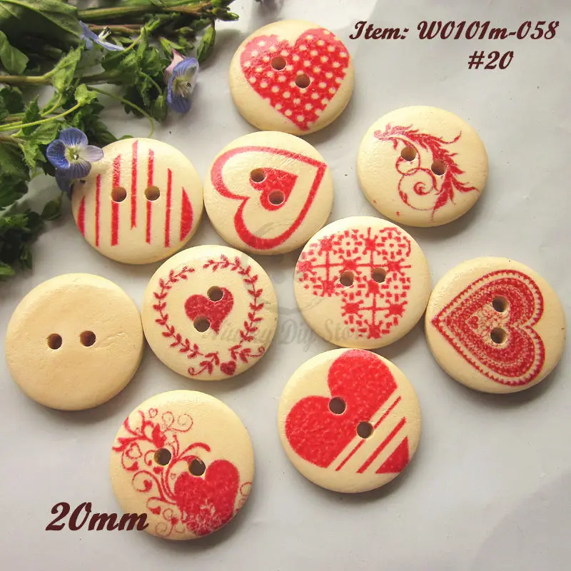 Декоративные деревянные пуговицы с красным сердечком 2 отверстия 15/20 мм 100 / 50 шт. |