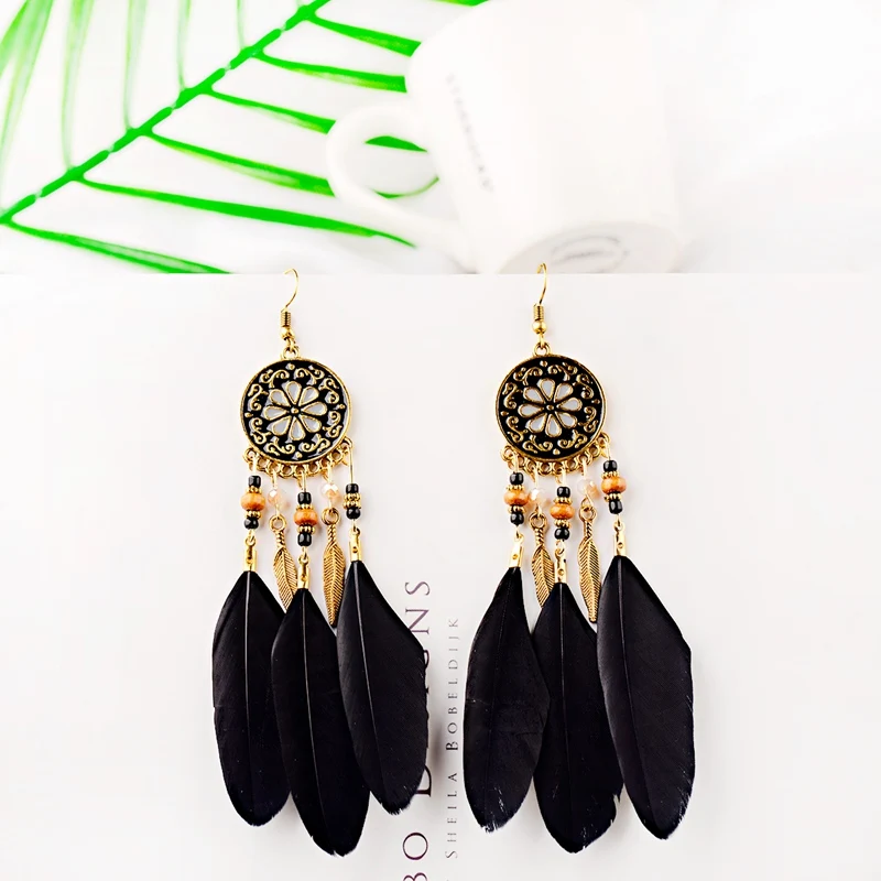 2019 Women's Ethnic Multicolor Feather Jhumka Jhumki Earrings Gypsy Flower Metal Wood Beads Indian Ladies Oorbellen | Украшения и