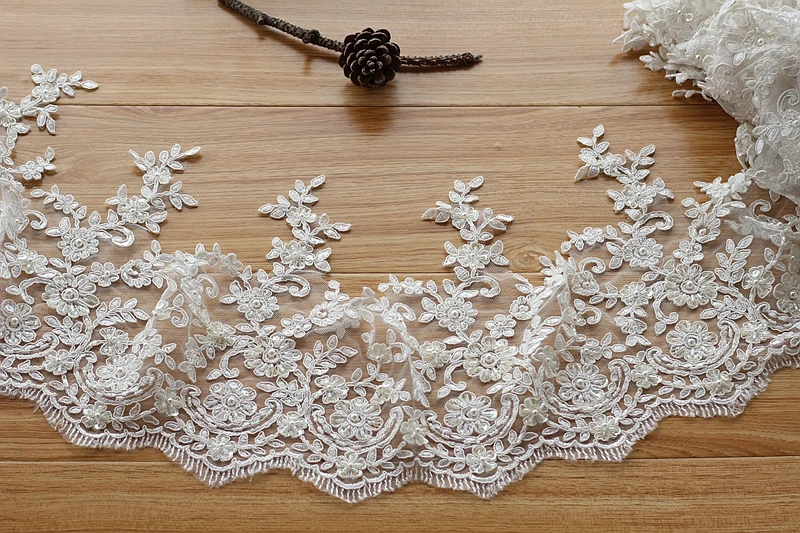 

Ivory Alencon Lace Trim High Quality Hand Made Beaded Sequined Wedding Lace Trim Embroidered Retro Lace Bridal 9.06'' Wide 1yard