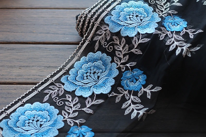 2 ярда кружевная отделка красные розы вышитые черные + синие тюлевые кружева 9 85