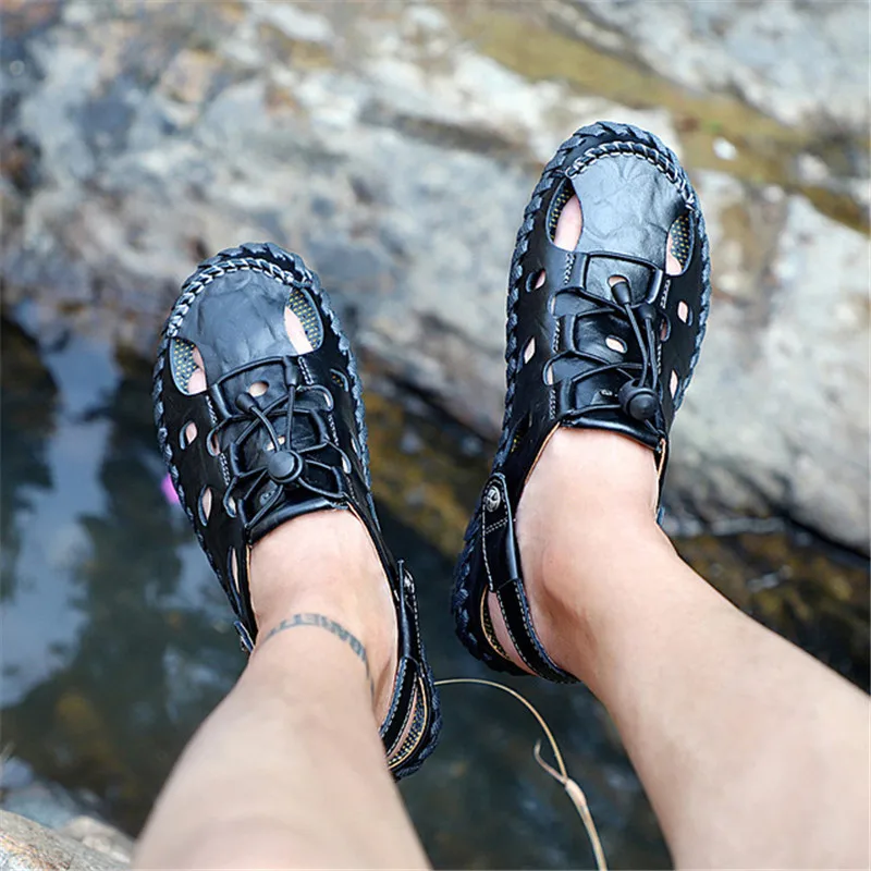 Мужские шлепанцы UPUPER кожаные сандалии гладиаторы без шнуровки большие размеры 38