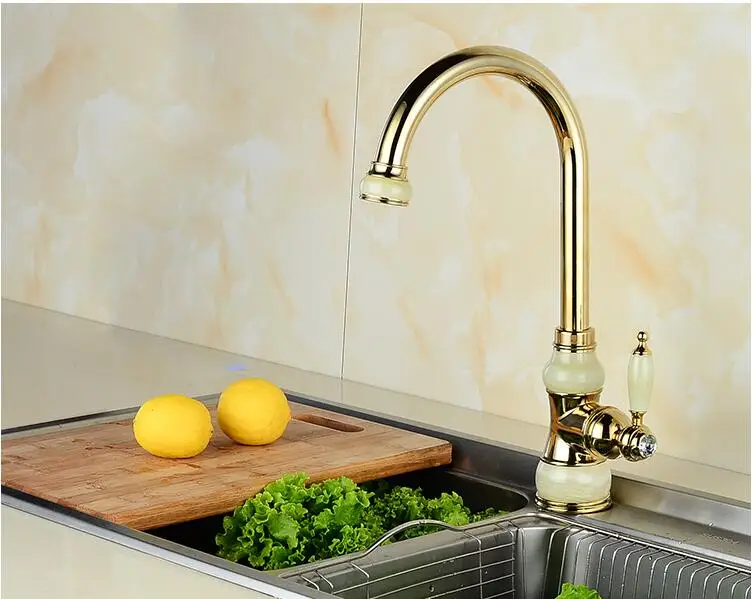 Латунный и нефритовый кухонный кран Золотой медный водопроводный горячая