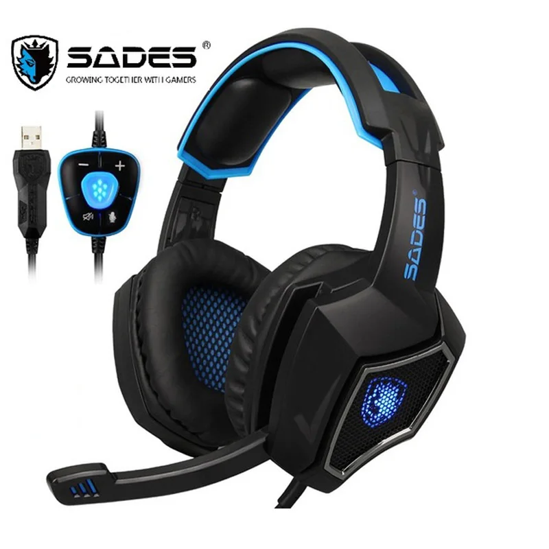 Синий SADES Spirit Wolf USB 7,1, игровая гарнитура с объемным звуком, удобные проводные USB наушники, крутые светодиодный наушники для ноутбука - Цвет: Синий