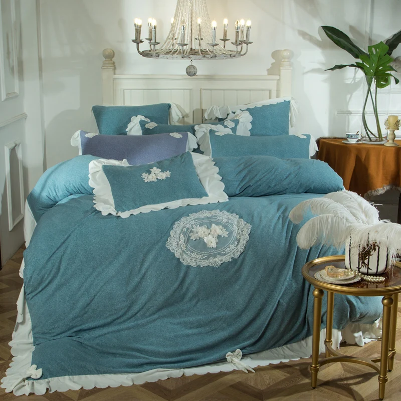 4Pcs Cotton wool hand-made lace Princess style luxury bedding sets queen king size duvet cover set pillowcase bedclothes | Дом и сад