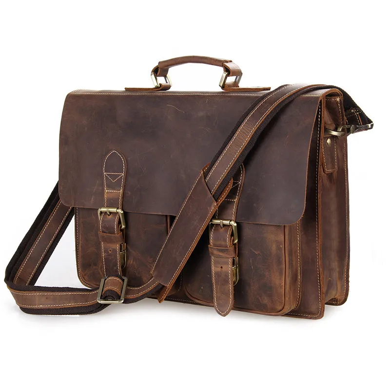 

Men's Breifcase Crazy Horse Leather Vintage 15 inch Laptop Bags 2018 Man Casual Business Brown Shoulder Crossbody Tote Handbags