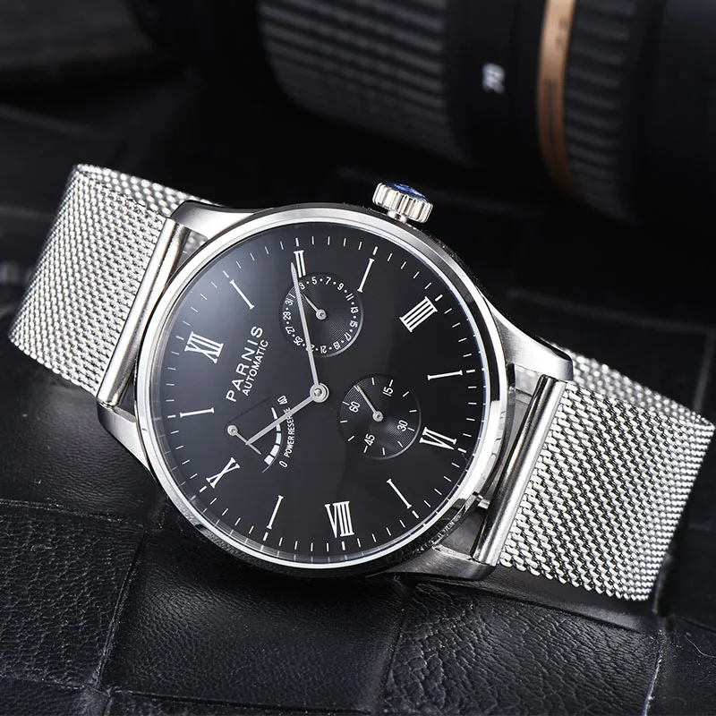 steel black Parnis, механические мужские часы с автоматическим подзаводом, коричневый кожаный ремешок, мужские часы, relogio masculino, коробка для часов - Цвет: steel black