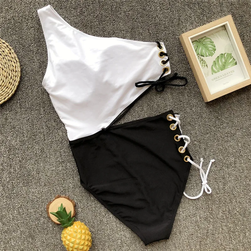 Женский слитный купальник сексуальный кружевной на одно плечо монокини