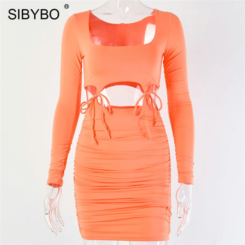 Sibybo, выдалбливают, шнурок, мини, сексуальное, женское платье, длинный рукав, плиссированные, Осенние, вечерние, одноцветные, пляжные, женские, повседневные платья