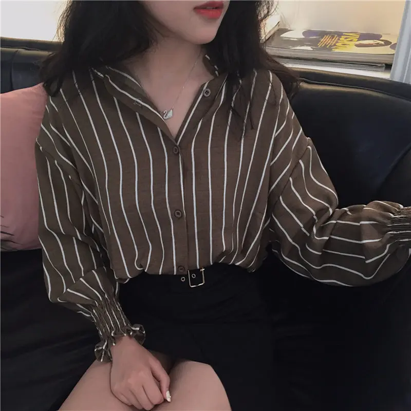 Blusas Осень весна Винтаж рубашки Для женщин в полоску тонкий стенд воротник
