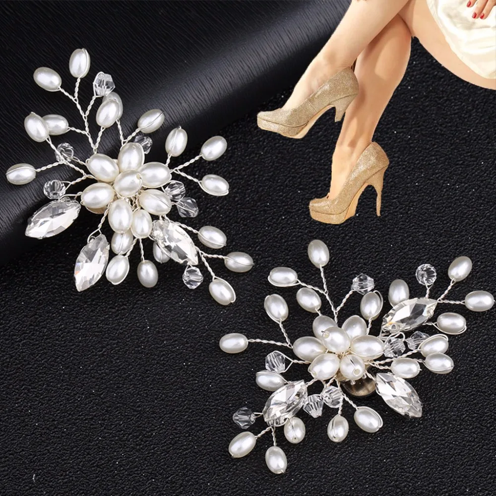 

New 2Pcs Elegant Rhinestone Pearl Shoes Clips Flower Dress Hat Wedding Party Fashion