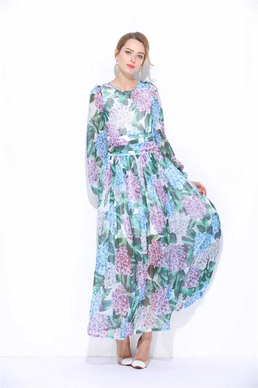 2017 женское Модное шифоновое платье для подиума Длинные рукава с цветочным