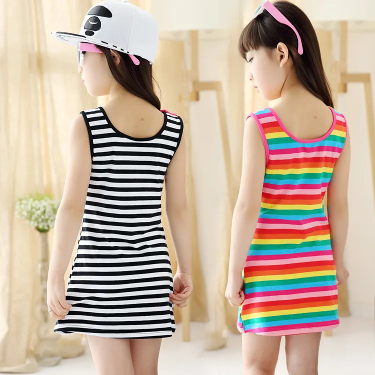 2020 New Summer Casual Cotton Girl Dress Sleeveless Baby Girls Clothes Flowers stripe Dresses Vestido Infantil Kids | Детская одежда и