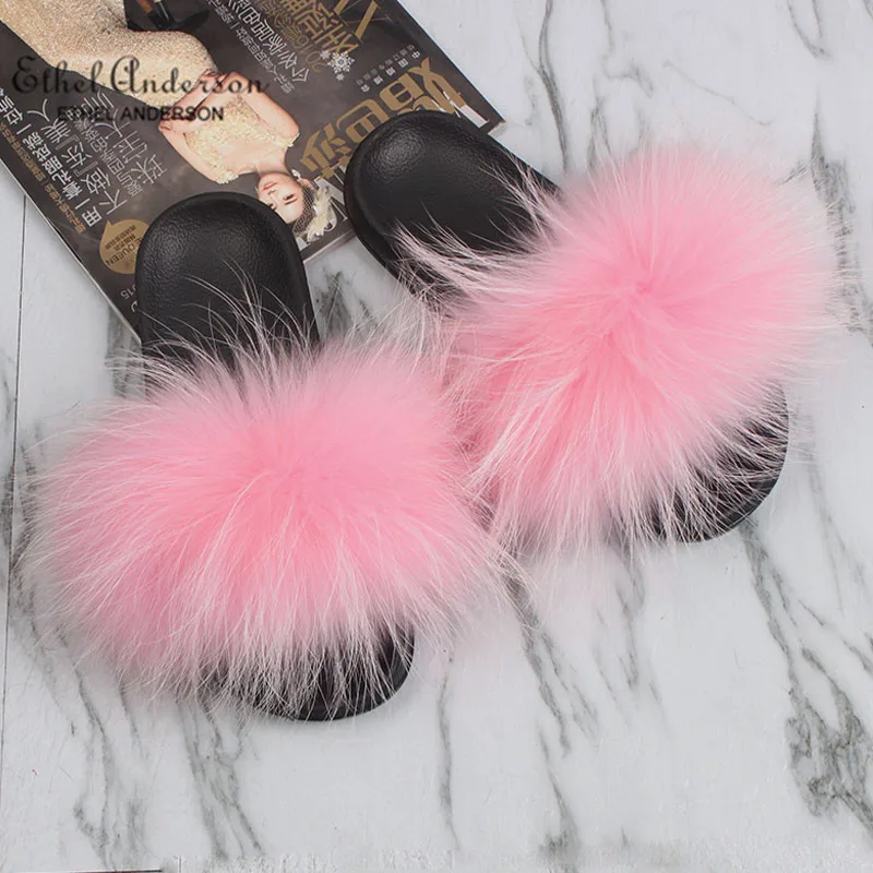 Pink Raccoon Fur Ethel Anderson/шлепанцы с натуральным мехом; Новинка; Вьетнамки с мехом лисы и енота; популярные пушистые сандалии - Цвет: Pink Raccoon Fur