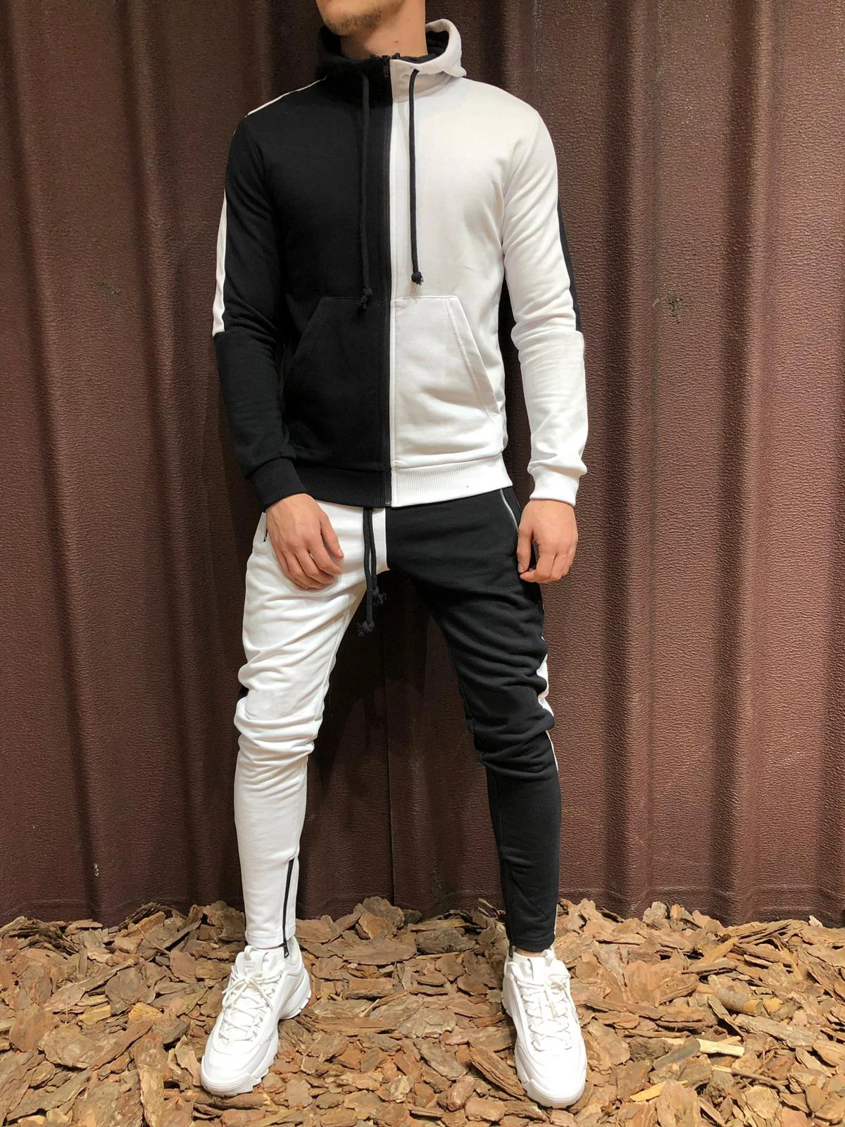 Black white WENYUJH, осенний спортивный костюм из 2 предметов, мужская повседневная Лоскутная спортивная одежда, комплект, толстовки, толстовка, тренировочные штаны, мужской спортивный костюм для бега, ropa hombre - Цвет: Black white