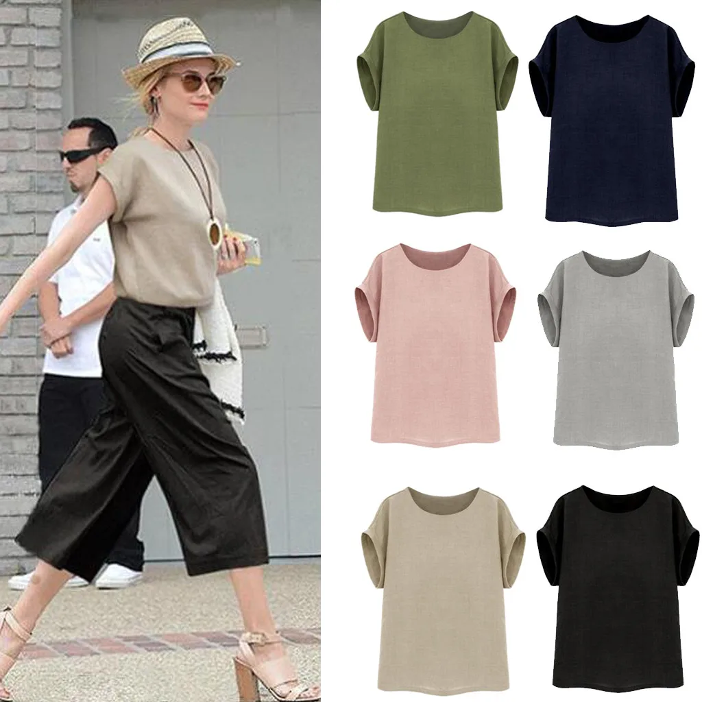 Женская винтажная Однотонная футболка Повседневная Свободная из хлопка и льна