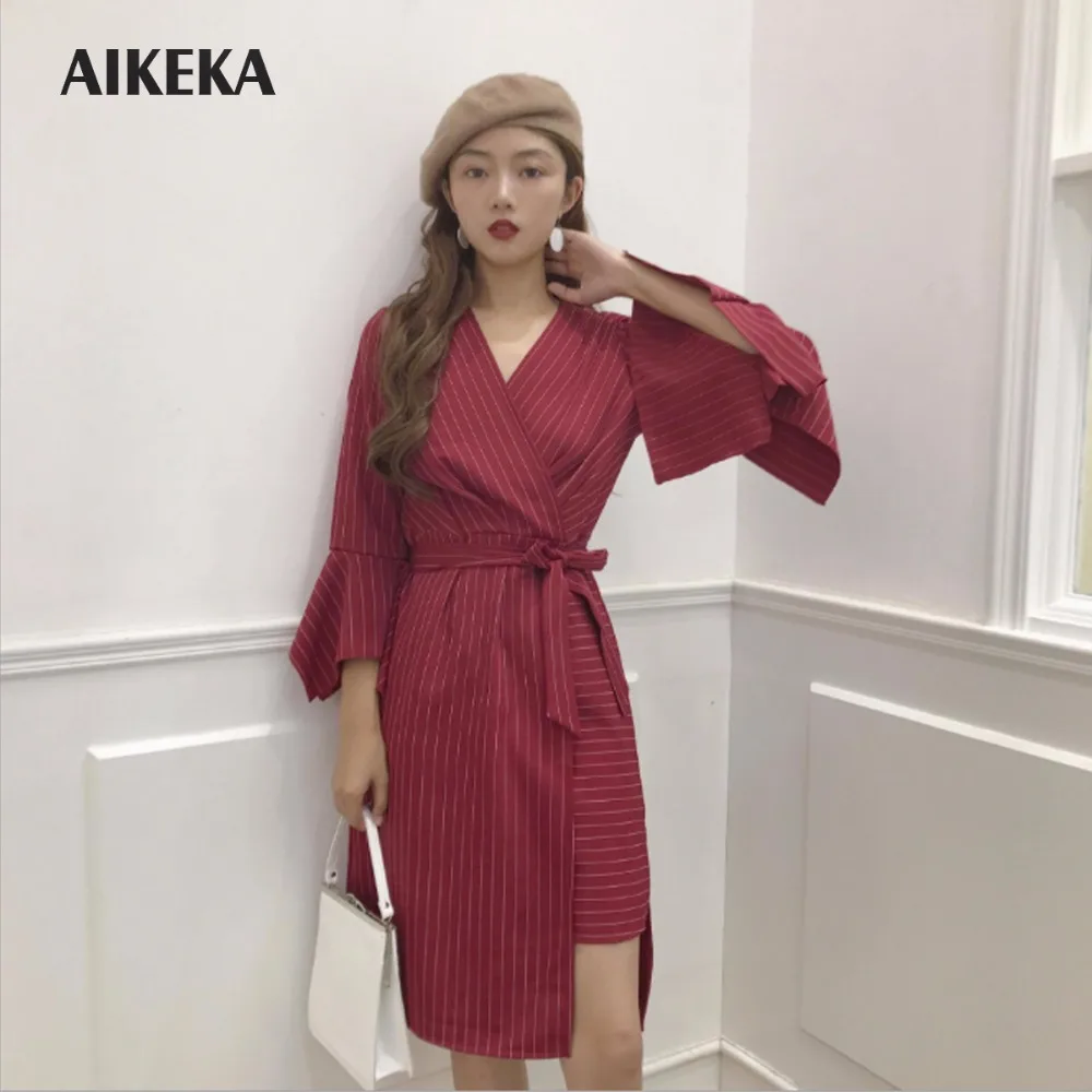 Akeka Офисные женские туфли Striped A-Line Flare рукавом Полный Пояса до колена Длина