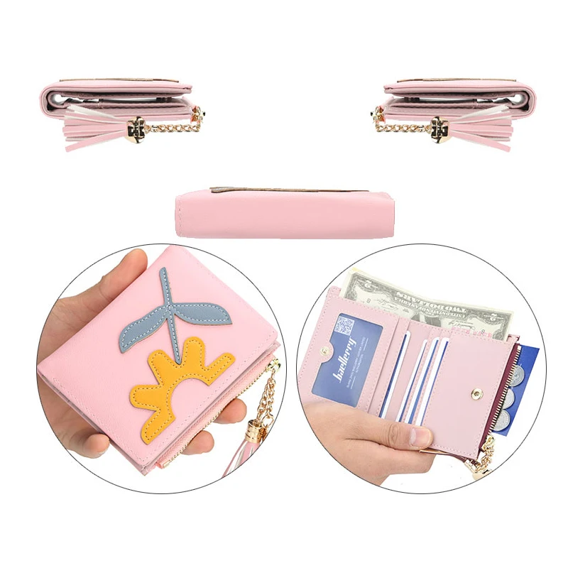

Baellerry Flower Patch Tassel Zipper Women Wallet 5 Color PU Leather Clip Short Wallet Coin Pocket Card Photo Holder Hasp Wallet