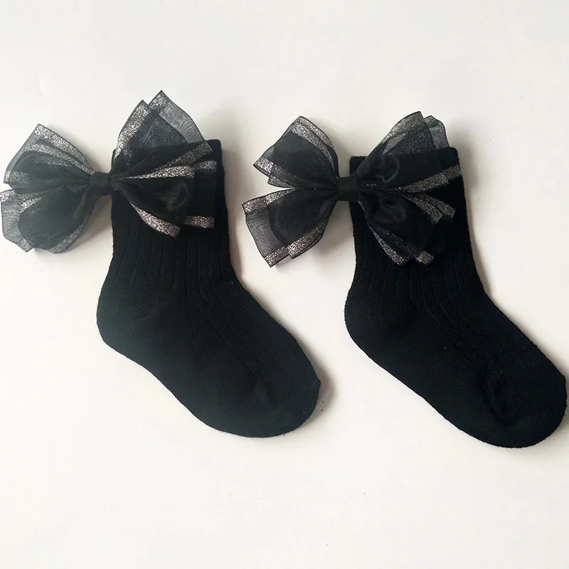 Black Black Silk Bow Милые носки для маленьких девочек с бантиками; хлопковые носки до щиколотки для малышей; детские носки принцессы для девочек; детские носки - Цвет: Black Black Silk Bow