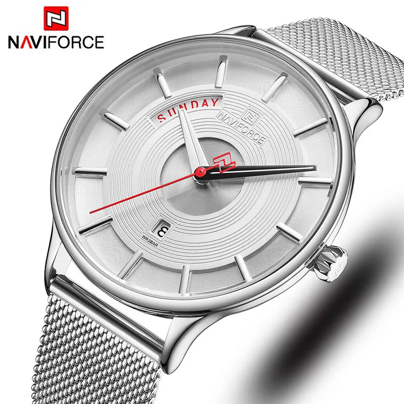 Silver White Naviforce, мужские часы, ультра тонкие, синие, из нержавеющей стали, Роскошные, мужские часы, синие, мужские, s часы, лучший бренд, Роскошные, мужские часы, наручные часы - Цвет: Silver White