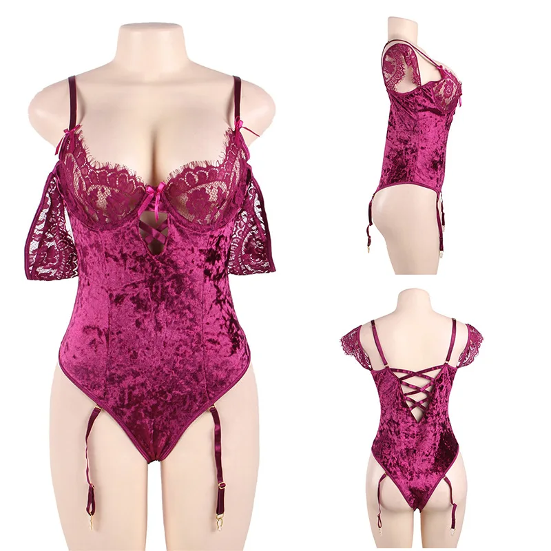 purple red bodysuit Спагетти ремень с открытыми плечами женское тело бархат полый подвязка тонкий кружевной комбинезон размера плюс комбинезон Лето короткий RS80604 - Цвет: purple red bodysuit