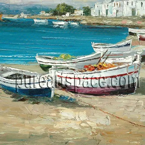 

Boats by river - Wholesale palette knife paintings,hand painted Oil Painting Blue Sea