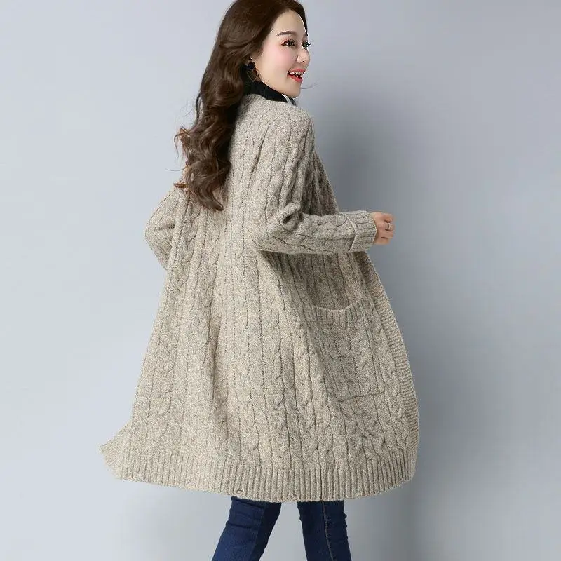 Хаки Для женщин Autumn Cashmere плюс Размеры 3XL средней длины Трикотаж женский с длинным рукавом вязаный свитер леди Повседневное свободные пальто-кардиган C62 - Цвет: Хаки