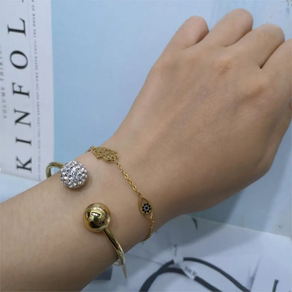 FALLON ECO-Certification Good Stainless Steel Bracelets 20cm Curb Chains 16mm Hamsa Eyes Rhinestones Pendant Girls Fashion