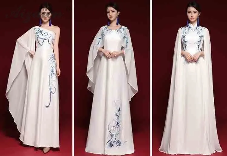 Новые модные синие белые длинные платья Cheongsam из шифона с вышивкой Qi Pao, женское традиционное платье на одно плечо, платье Qipao