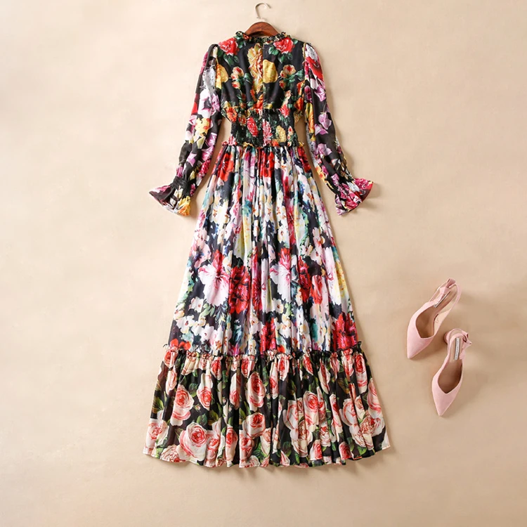 AELESEEN богемные Модные макси Vestido сезон: весна–лето Фонари рукавом Цветочные Роскошные печати оборками Тонкий длинное платье для Для женщин