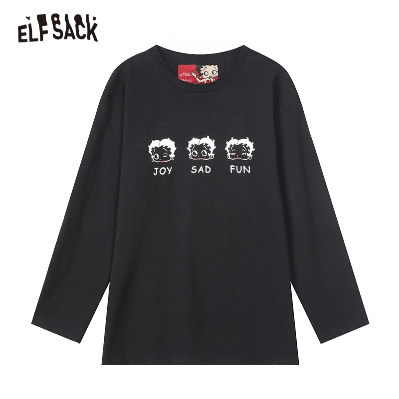 ELFSACK Хлопковые женские футболки в полоску с мультяшным принтом осень 2019 модные