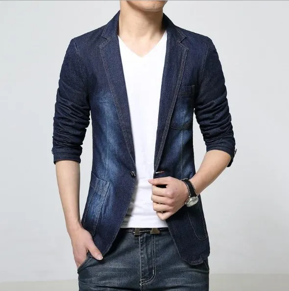 Мужские s Slim Fit джинсы Блейзер сезон весна осень блейзер из денима Мужские Винтажные джинсовые куртки и пальто черный синий - Цвет: Синий