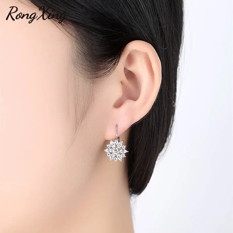 RongXing Shining White Snowflake Hoop Earrings For Women Silver/Gold Filled Marquise Cut Stone Zircon Birthstone Gifts | Украшения и