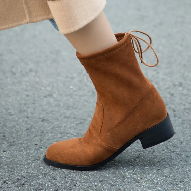 Для женщин зимние на среднем каблуке растяжения ткани ботильоны назад кружева