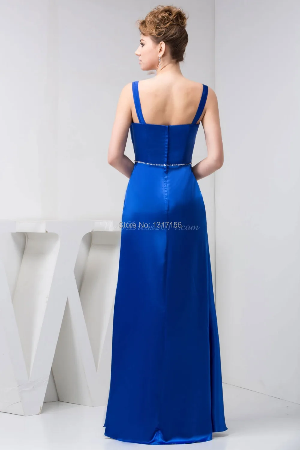 2014 New Arrival custom beading Column Zipper Sleeveless Satin Royal Blue Long evening Dress long Prom Dresses | Вечерние платья