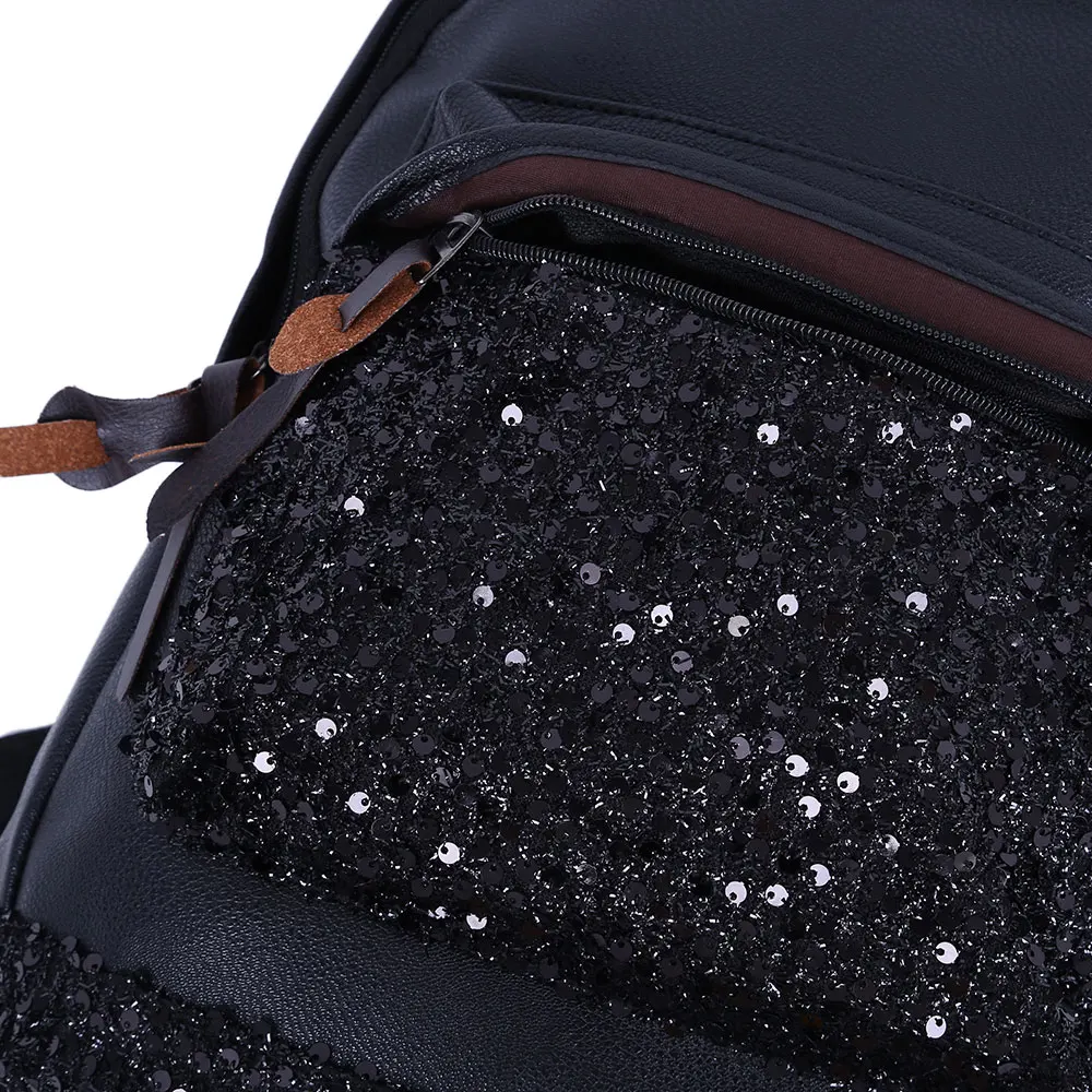 Hot Sell Women Casual Pure Color Backpack Bag PU Leather Bags Black Zipper Type Sequins Decoration Shoulder | Багаж и сумки