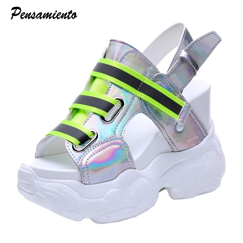 2019 блестящие разноцветные женские сандалии модные обувь на шнурках и платформе