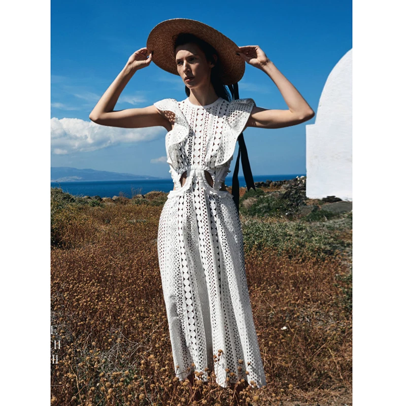 Сексуальный 2017 летний автопортрет белая кружева длинное платье ажурный