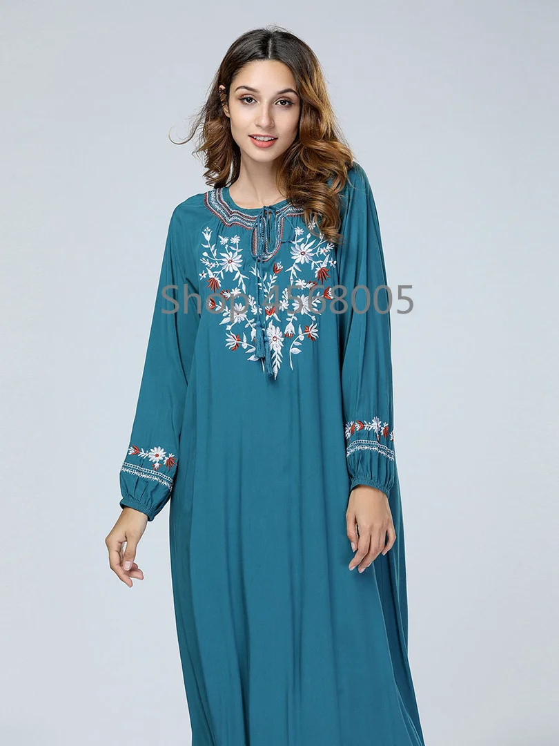 Зеленое женское мусульманское платье abaya в Дубае платья с вышивкой Бангладеш