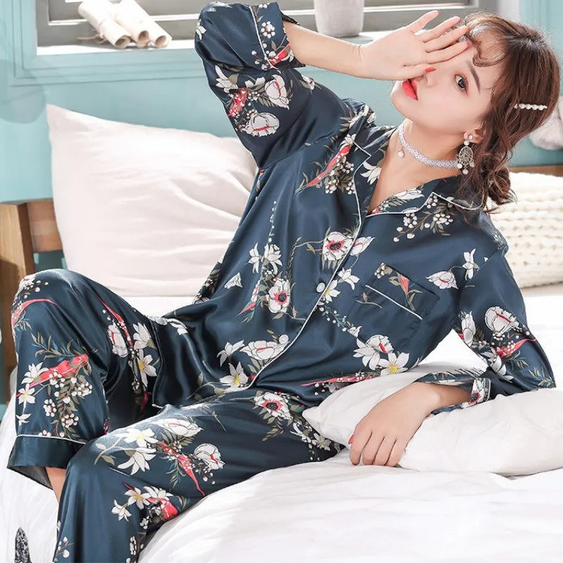 Домашняя одежда женская 2019 летняя атласная пижама с длинным рукавом и отложным