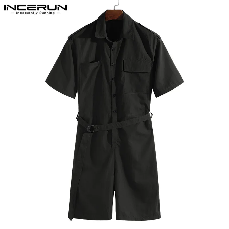 Black INCERUN,, мужской комбинезон, комбинезон, половина рукава, пояс, карманы, уличная одежда, повседневные штаны, мужские брюки-карго, комбинезон, Harajuku размера плюс - Цвет: Black