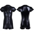 Мужской черный боди из искусственной кожи, с коротким рукавом, с молнией спереди, из лакированной кожи